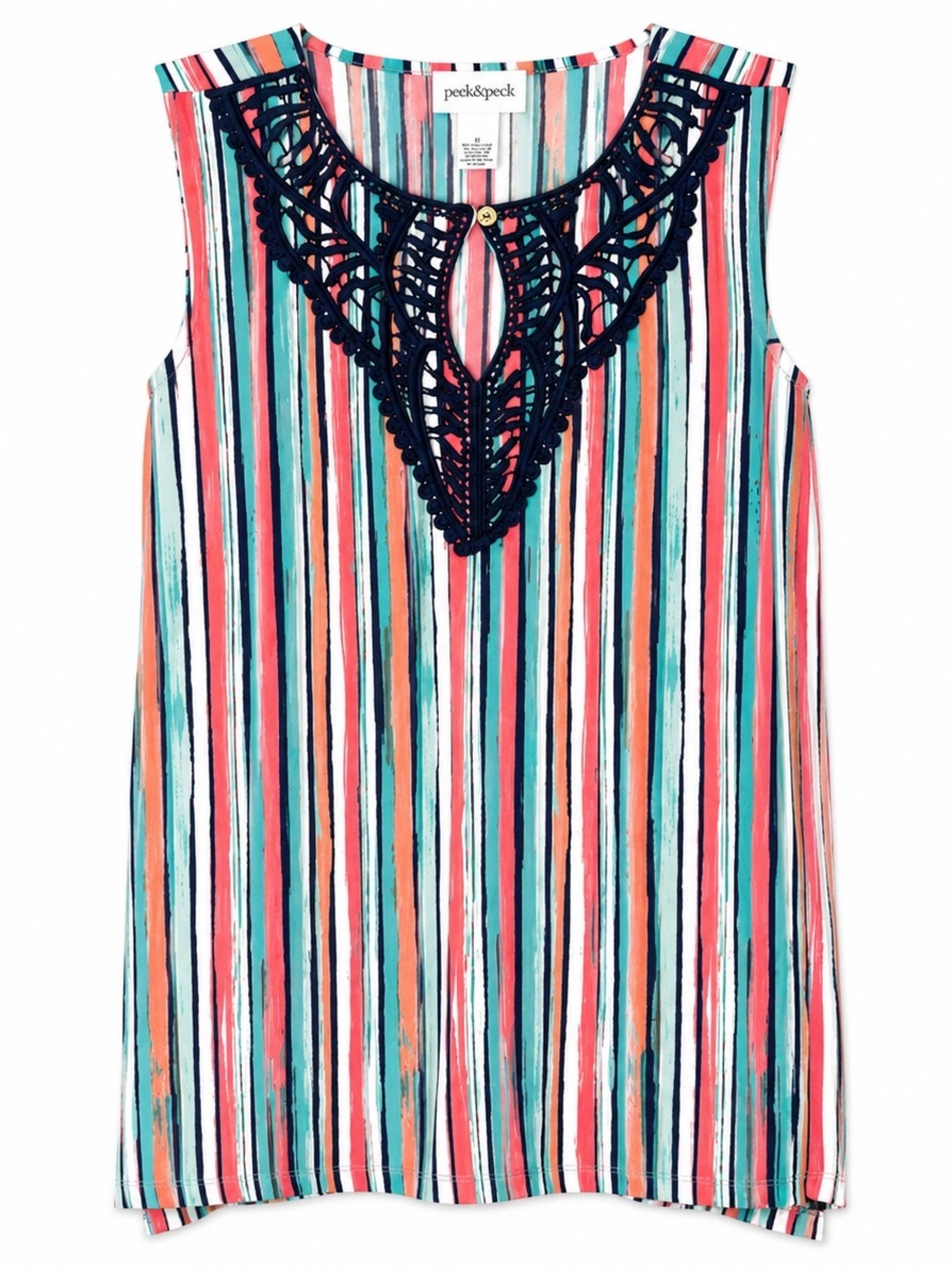 Peck & Peck XL Shirt Top Pink Blue Striped Sleeveless Keyhole Scoop Neck Stretch